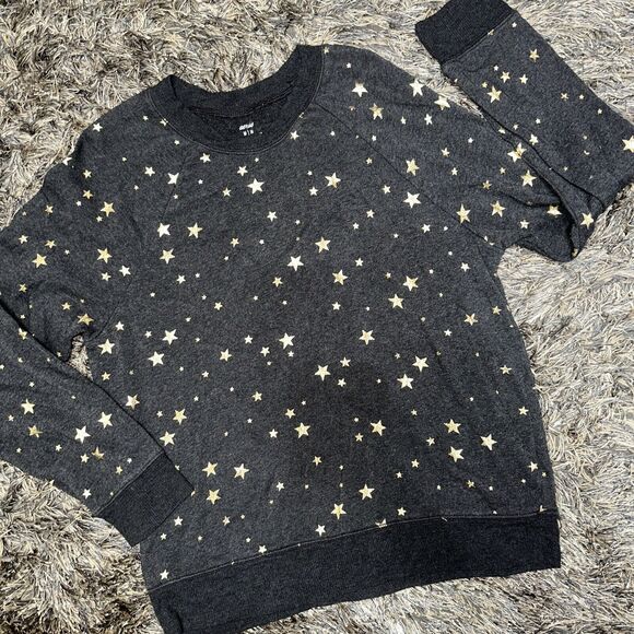 AERIE Charcoal Gray w/Gold Stars SOFT KNIT Long Sleeve BANDED HEM Pullover TOP M - Picture 1 of 6